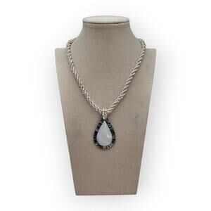 Boho Abalone Mosaic Teardrop Pendant Necklace – White Beaded Rope